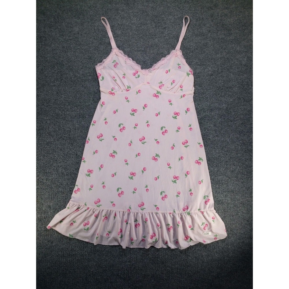 Laura Ashley Womens M Cherry Print Nightgown Chemise Pink Lace Sleepwear Y2K
